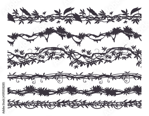 Jungle lianas silhouette. Tropical forest climbing creeper sprouts. Rainforest garden hanging liana vines elements vector illustration set