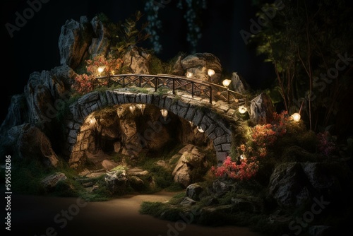A bridge sculpture adorned with flowers, rocks and illuminated by a lamp. Generative AI © Miriam