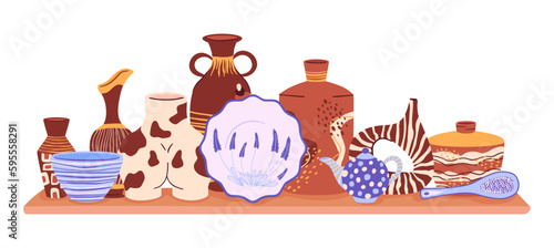 Modern decorative pottery. Ceramic crockery, hand drawn tableware, shelf with kitchen pottery. Handmade clay ceramic crockery vector illustration