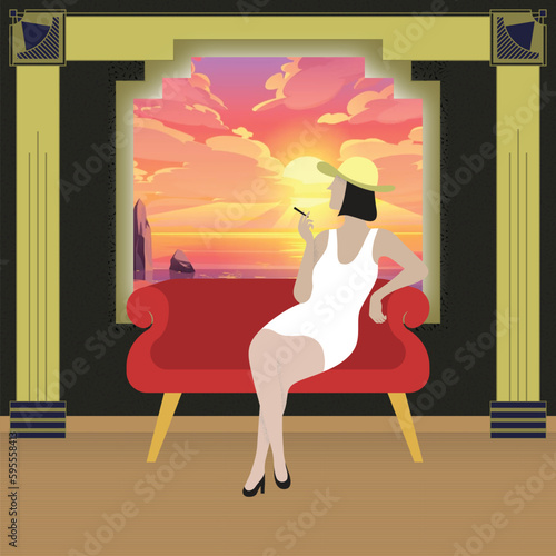 woman sitting on sofa smoking enjoying atmosphere art deco flat design style illustration