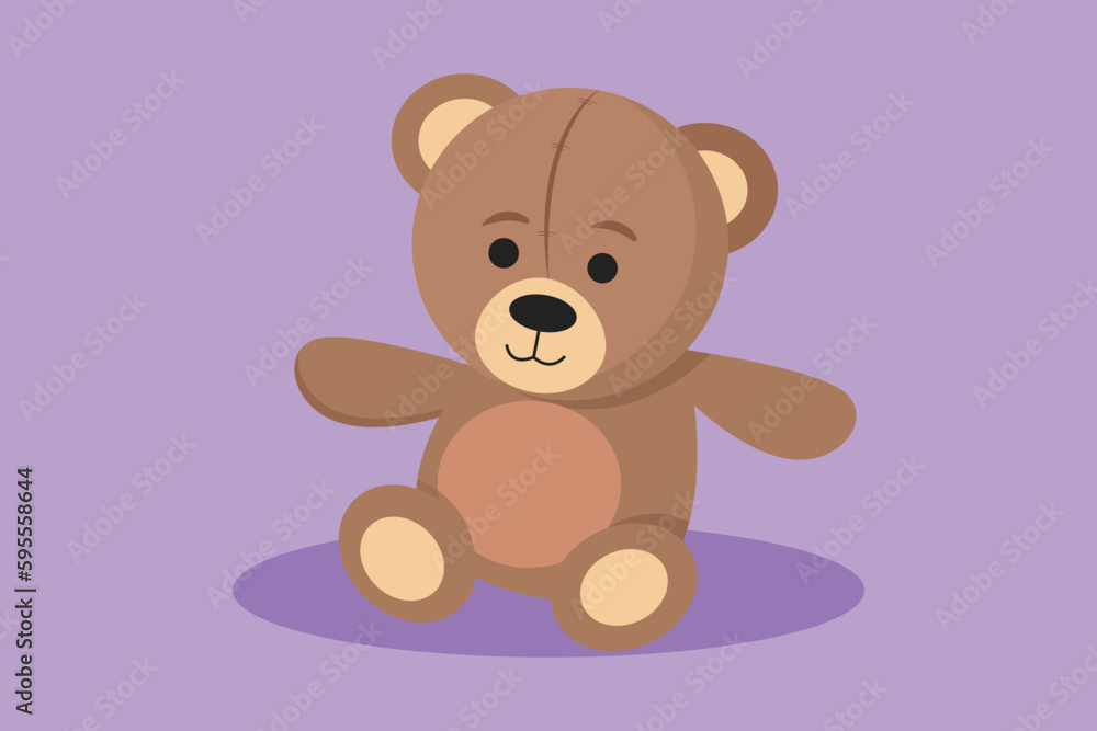 Graphic flat design drawing lovely teddy bear toys logo, symbol. Nice and cute teddy bear plush toy. Stuffed teddy bear sitting on floor. Little teddy bear character. Cartoon style vector illustration
