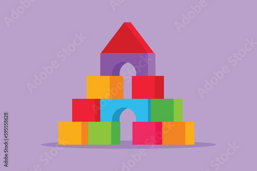 Character flat drawing of brick house logo, icon, symbol. House made of wooden blocks. Wooden cubes toy. Building blocks for kids. Children constructor. Wooden toys. Cartoon design vector illustration