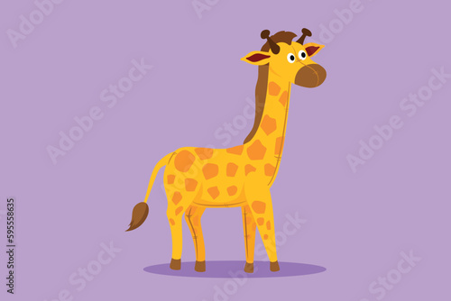 Graphic flat design drawing of cute giraffe plush doll logo  icon  label  symbol. Giraffe plush stuffed puppet. Stuffed giraffe toy. Yellow giraffe toys for children. Cartoon style vector illustration
