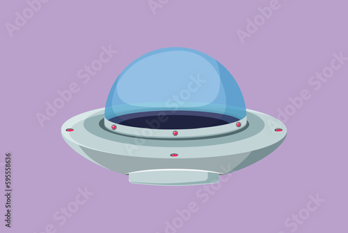 Character flat drawing of stylized UFO plane toys logo, icon, label, symbol. UFO design concept from Astronomy collection. Cute astronauts flying on UFO spaceship. Cartoon design vector illustration