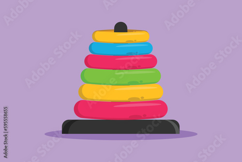 Cartoon flat style drawing of children plastic toys pyramid. Pyramid toys logo, icon, symbol. Kids children stackable ring toys. Children pyramid or pile rings toy. Graphic design vector illustration