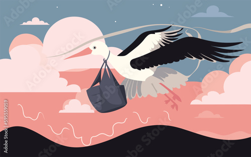Vector illustration of a stork carrying a baby in a bag