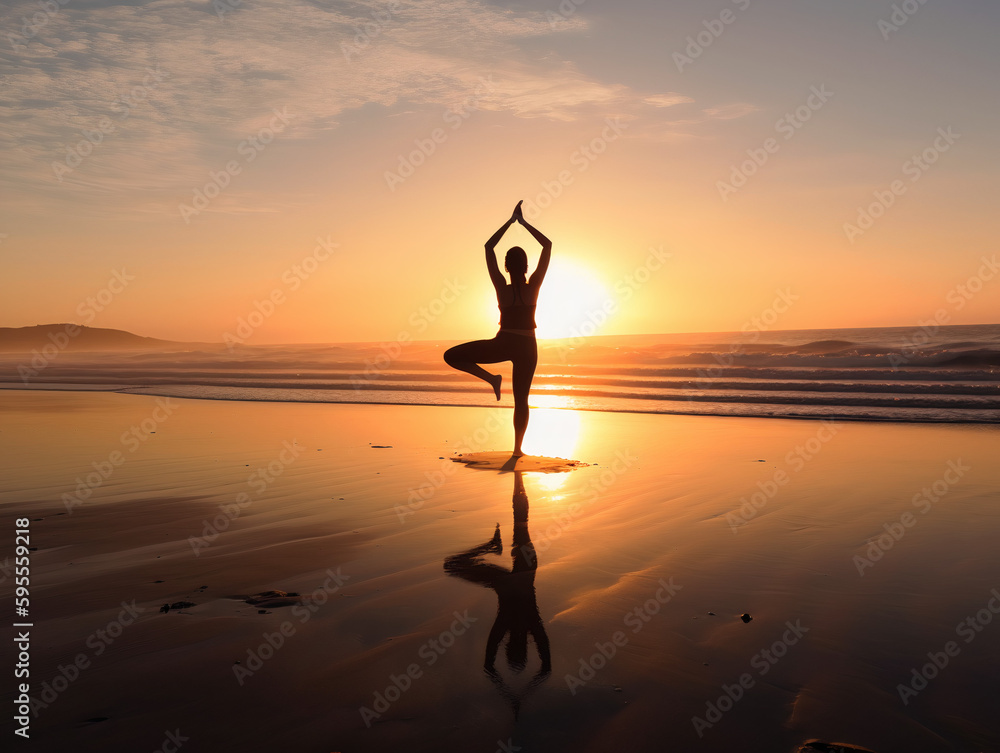 Person doing a yoga pose on a serene beach at sunrise