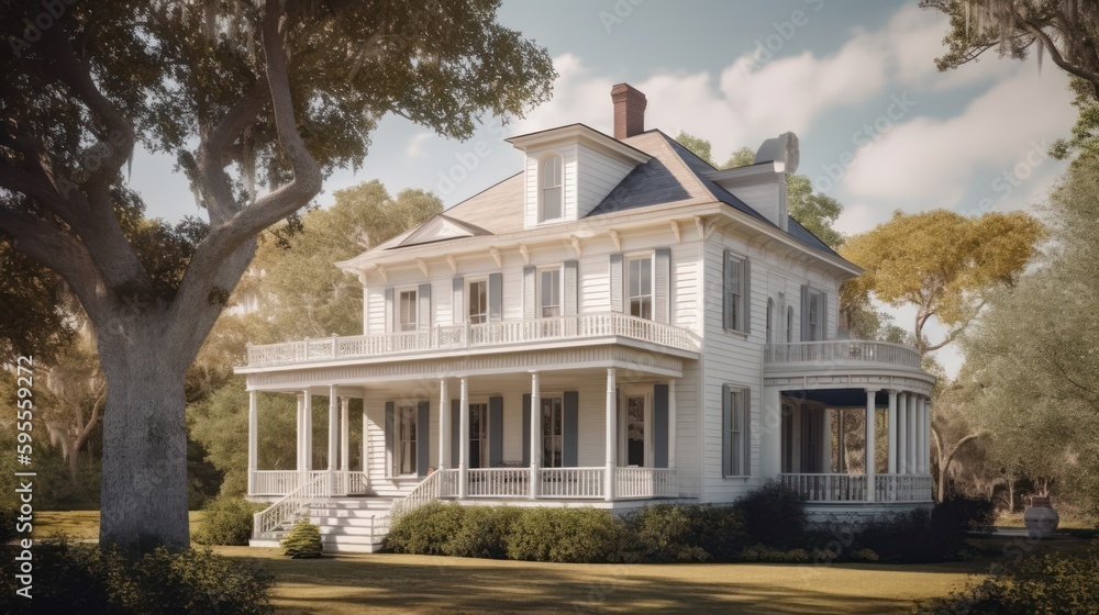 Obraz premium Antebellum exterior house design in daytime golden hour generative ai