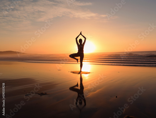 Person doing a yoga pose on a serene beach at sunrise