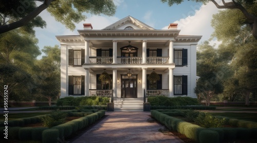 Antebellum exterior house design in daytime golden hour generative ai © Hixel