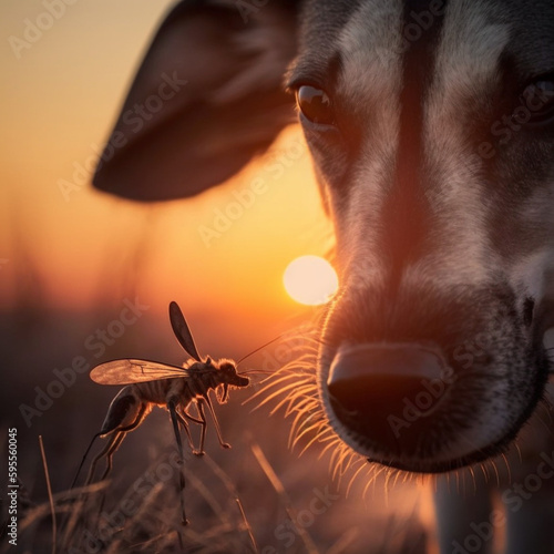 Dog next to a mosquito. Leishmaniosis. Generative AI. photo