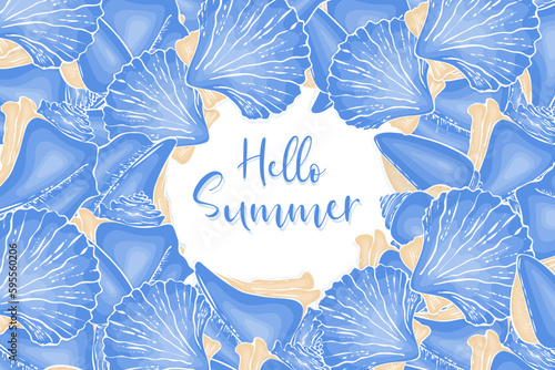 Hello Summer banner with seashell hand drawn doodle drawing, blue and beige colors. Vector illustration