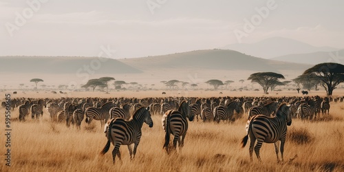 A herd of zebras grazing on the savanna  concept of Animal behavior  created with Generative AI technology