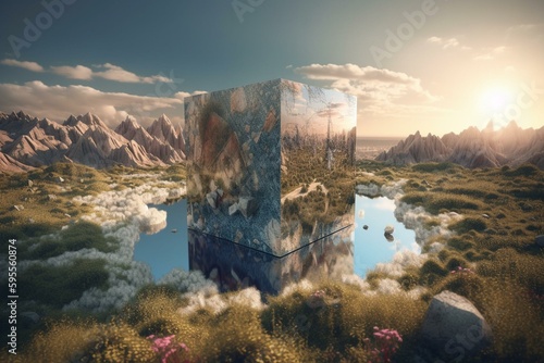 Illustration of virtual world with nature landscape and abstract cube for an immersive experience. Generative AI