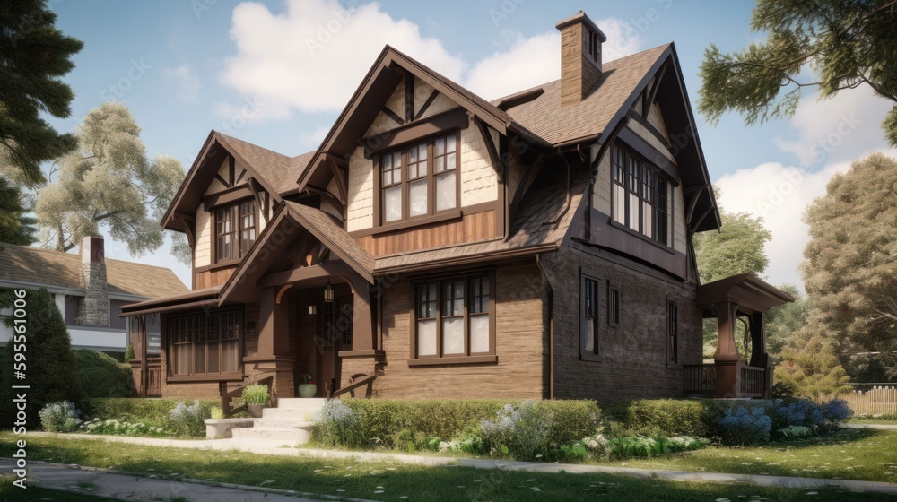 Arts and crafts exterior house design in daytime golden hour generative ai