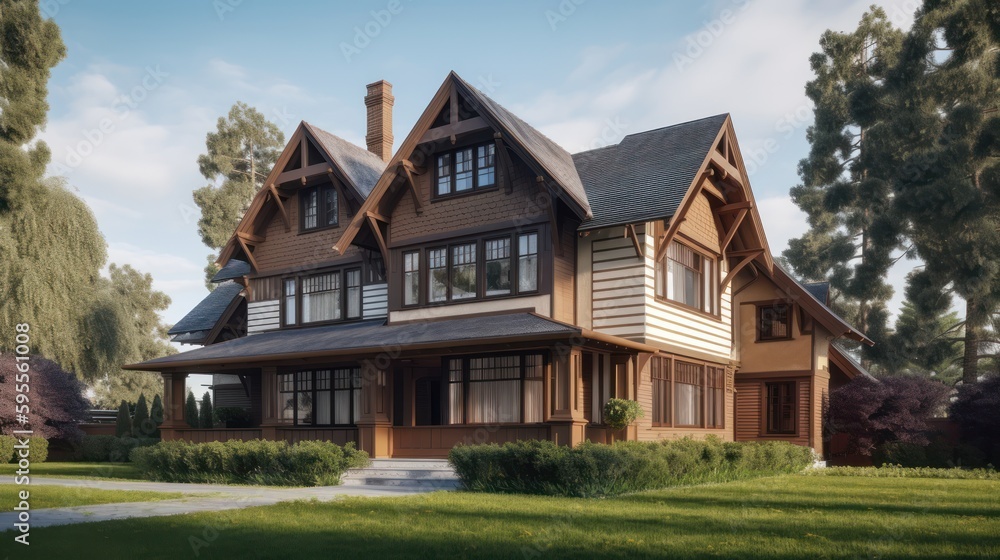 Arts and crafts exterior house design in daytime golden hour generative ai