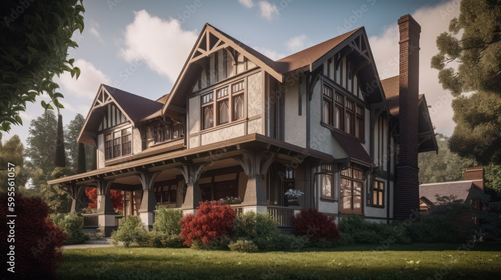 Arts and crafts exterior house design in daytime golden hour generative ai