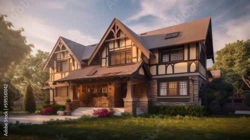 Arts and crafts exterior house design in daytime golden hour generative ai