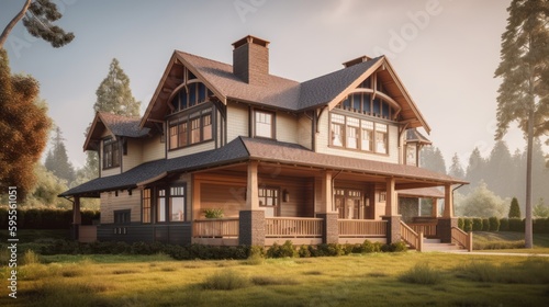 Arts and crafts exterior house design in daytime golden hour generative ai © Hixel