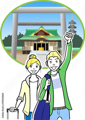 寺社仏閣を訪れる外国人のカップルの観光客