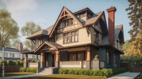 Arts and crafts exterior house design in daytime golden hour generative ai