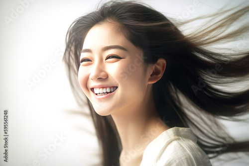 ホワイトニングされた歯を見せて笑う日本人の女性(美人モデル)