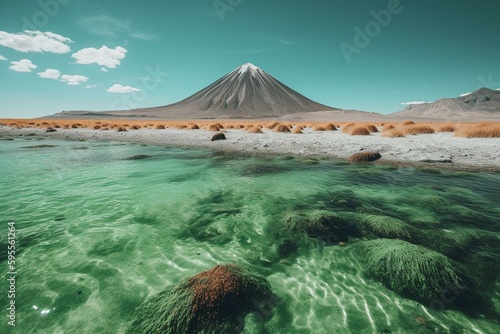 View of the green lagoon and Licancabur mountain. Generative AI photo
