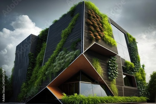 Modern building with green plants in the foreground © Олег Фадеев