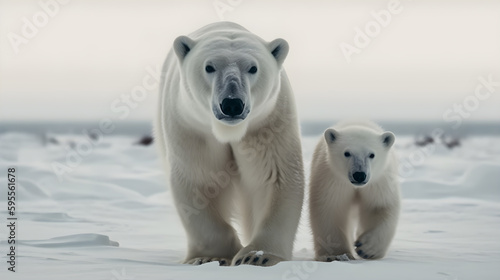 Polar bear with baby polar bear walking on snow, generative AI