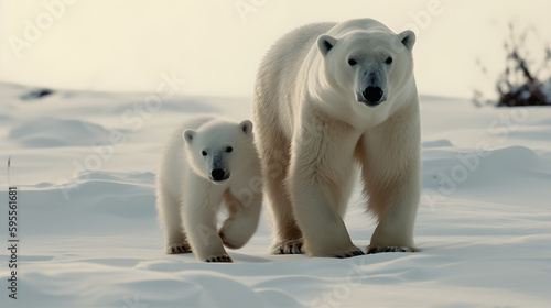 Polar bear with baby polar bear walking on snow, generative AI