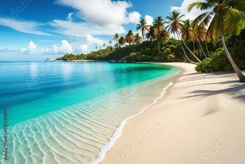 View of exotic tropical beach with white sand and palms around