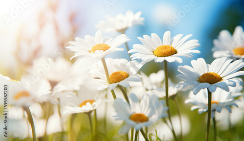 Beautiful spring background with blooming chamomile and a blue sky, on a sunny day.