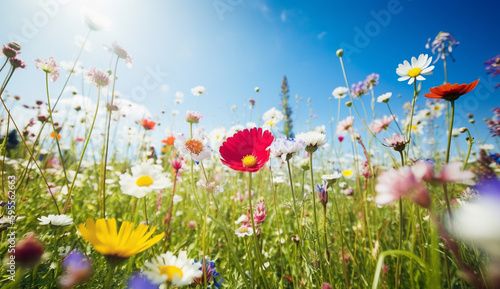 Beautiful summer background with blooming wildflowers and a blue sky on a sunny day.