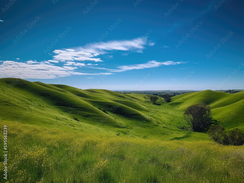 Grassy hill with a blue sky in the background. Generative AI