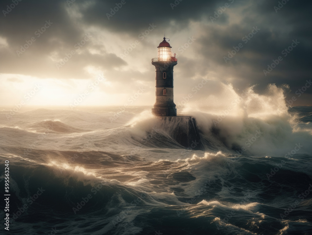 Lighthouse in the middle of a stormy ocean. Generative AI
