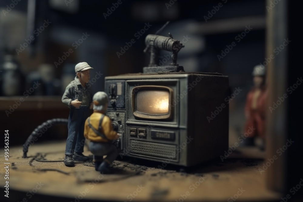 Group of tiny lead figurines huddled around a small radio. Generative Ai. Group of tiny lead figurines huddled around a small radio. Generative Ai.
