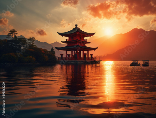 Asian pagoda in the water at sunset. Generative AI
