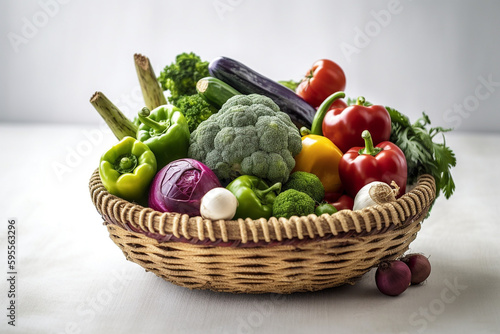 Assorted organic vegetables and fruits in wicker basket isolated on white background. High quality photo
