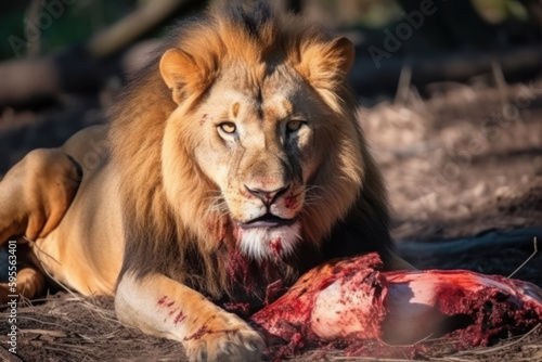 Lion eats meat in the nature habitat during the deer rut sunny day generative ai