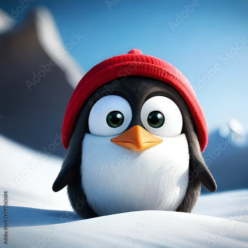 Tiny cute adorable penguin standing on snow wearing red hat. Cartoon big-eyed closeup portrait. Soft cinematic lighting, animation style character, anime style, 3D illustration