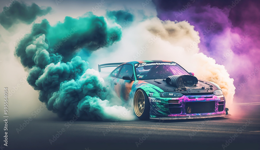 Car drifting, burning tires on speed track, Generative AI Car drifting, burning tires on speed track, Generative AI