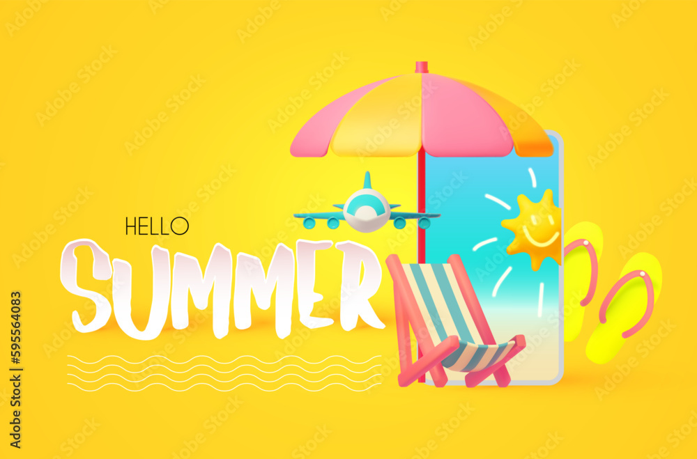 Hello Summer! Cool summer vacation. 3D tropic holiday design. Exotic journey. Deck chair under beach umbrella and sneakers.