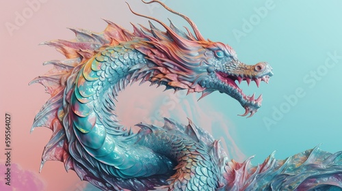 Multicolored Dragon on a pastel colored background. Elegant colorful mythological animal wallpaper illustration. Dreamy creative vibe aesthetics. Generative AI.