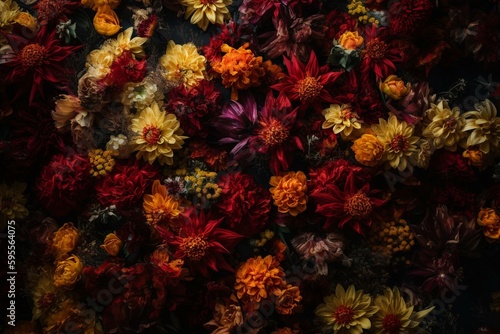 Floral backdrop with red and yellow flowers in 3D. Generative AI