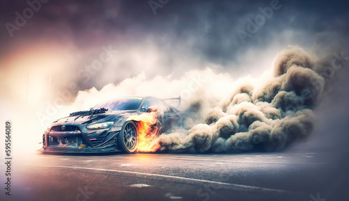 Car drifting  burning tires on speed track  Generative AI