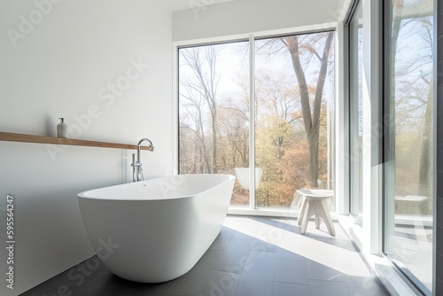 Blank horizontal poster frame mock up in minimal style bath room interior, modern bath room interior background., AI Generative © AKKA
