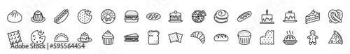 Bakery icons vector set in line style. Bread, cupcake, pancake, donut, cake, pudding, biscuit, cookies, pie, humberger, pizza, sandwich, hot dog icon for apps and website symbol illustration