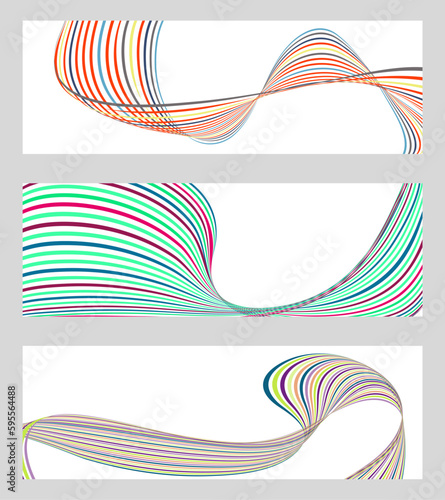 Wavy lines or ribbons. Set of 3 backgrounds. Multicolored striped gradient. Creative unusual background with abstract gradient wave lines to create a trendy banner, poster. vector eps