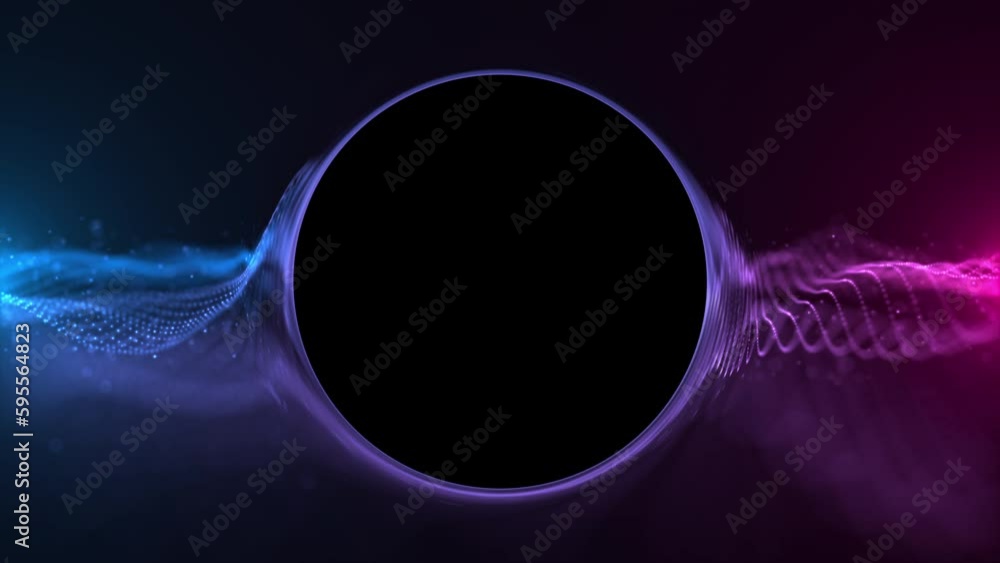 Neon colored blue and pink fractal light wave with floating particles and circle shaped copy space for logo. This abstract technology motion background animation is 4K and a seamless loop.