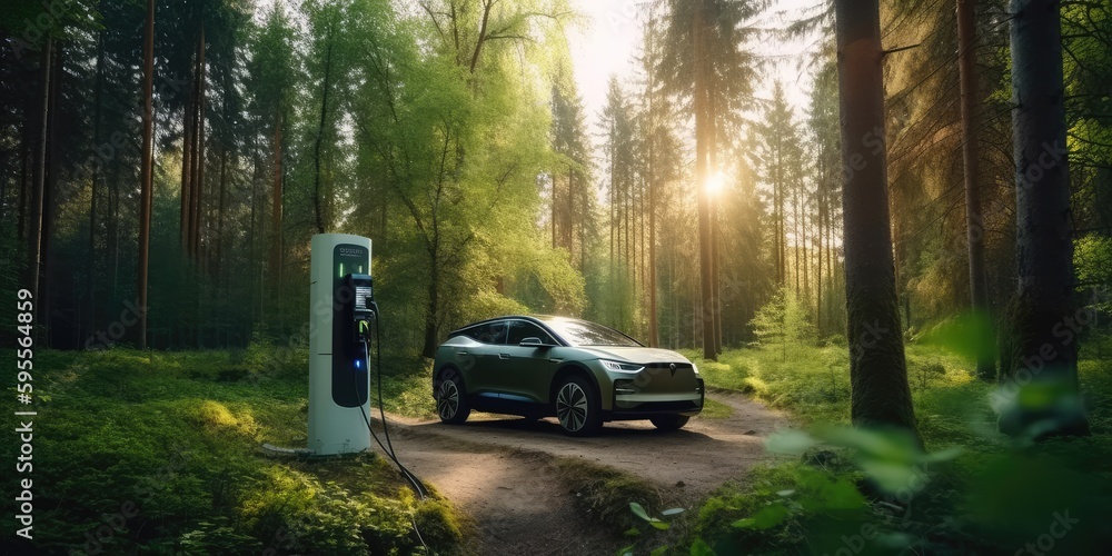 Electric car EV charging battery at charger station in green forest ...